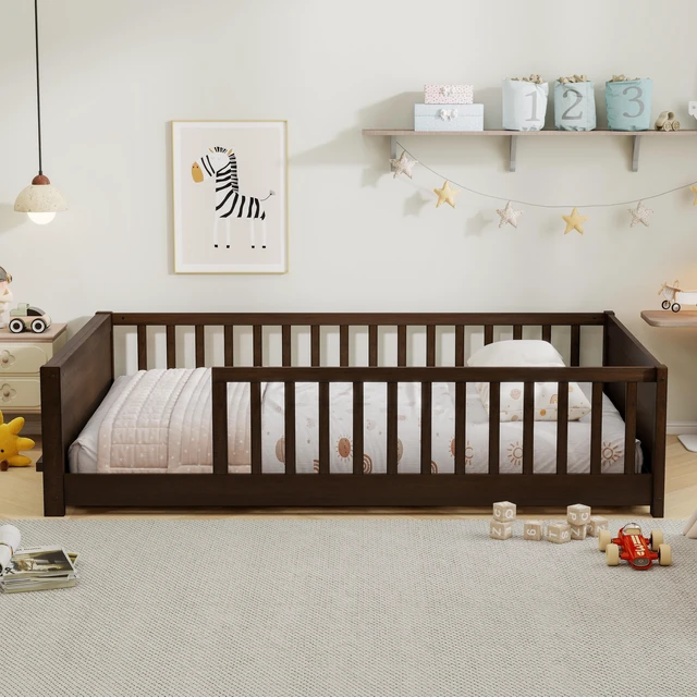 Main image of Full Size Rubber Floor Bed with Guardrails, Built in Book Rack Without Door, Espresso, Rubber Wood, Beds Frames Bases