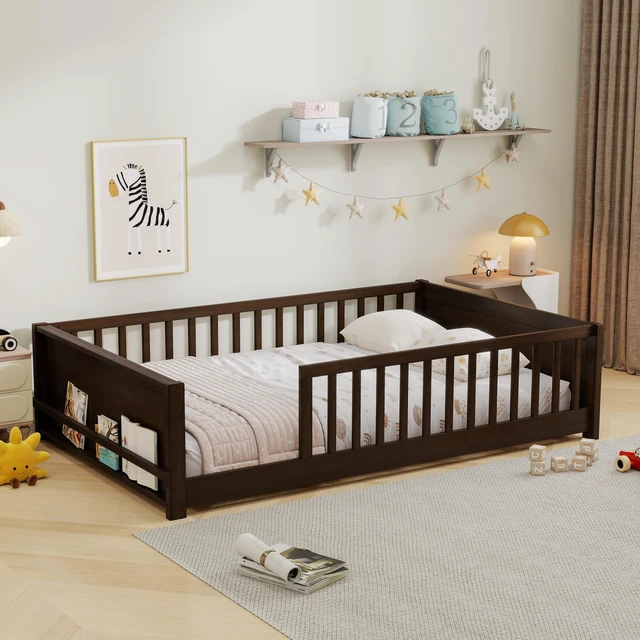Alt view image 2 of 7 - Full Size Rubber Floor Bed with Guardrails, Built in Book Rack Without Door, Espresso, Rubber Wood, Beds Frames Bases