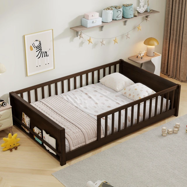 Alt view image 3 of 7 - Full Size Rubber Floor Bed with Guardrails, Built in Book Rack Without Door, Espresso, Rubber Wood, Beds Frames Bases