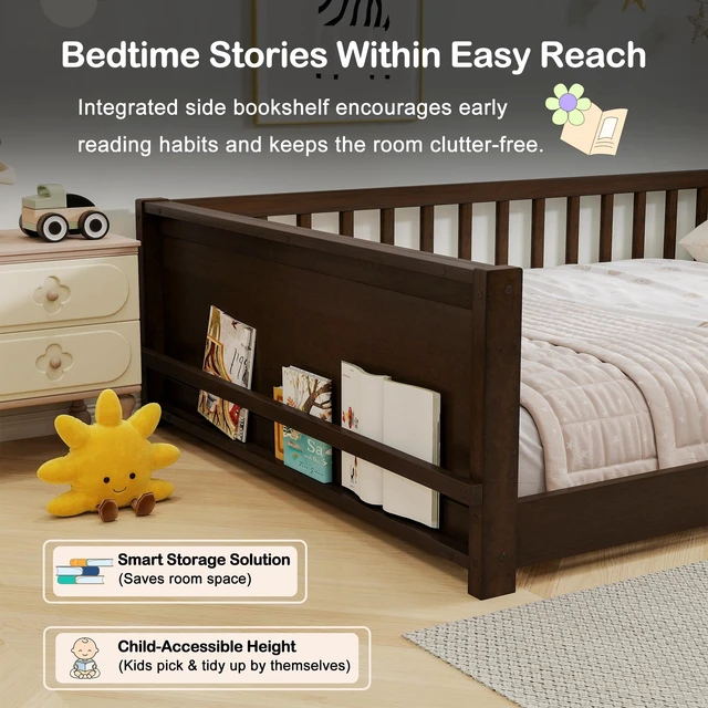 Alt view image 7 of 7 - Full Size Rubber Floor Bed with Guardrails, Built in Book Rack Without Door, Espresso, Rubber Wood, Beds Frames Bases