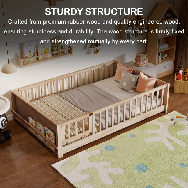 Alt view image 7 of 7 - Full Size Rubber Floor Bed with Guardrails, Built in Book Rack Door, Natural, Rubber Wood, Beds Frames Bases