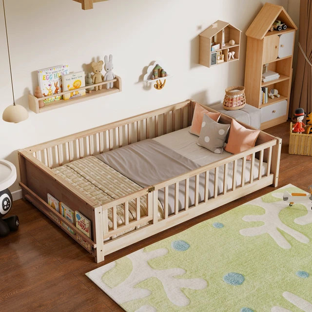 Alt view image 2 of 7 - Full Size Rubber Floor Bed with Guardrails, Built in Book Rack Door, Natural, Rubber Wood, Beds Frames Bases