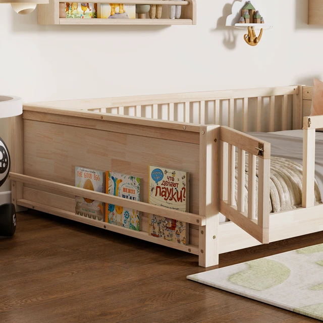 Alt view image 5 of 7 - Full Size Rubber Floor Bed with Guardrails, Built in Book Rack Door, Natural, Rubber Wood, Beds Frames Bases