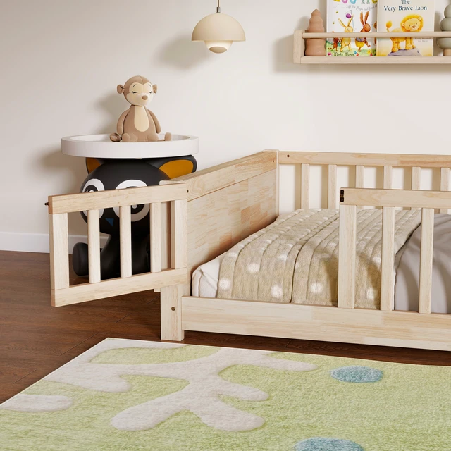 Alt view image 4 of 7 - Full Size Rubber Floor Bed with Guardrails, Built in Book Rack Door, Natural, Rubber Wood, Beds Frames Bases