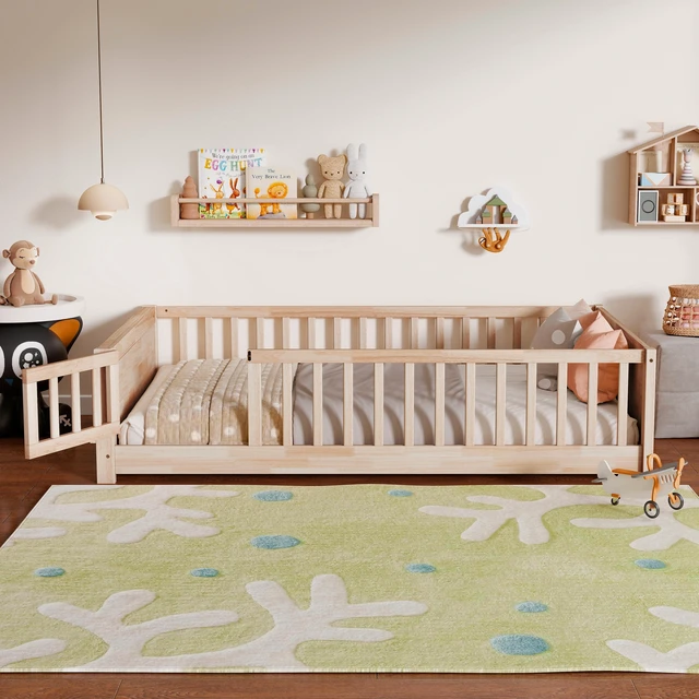 Main image of Full Size Rubber Floor Bed with Guardrails, Built in Book Rack Door, Natural, Rubber Wood, Beds Frames Bases