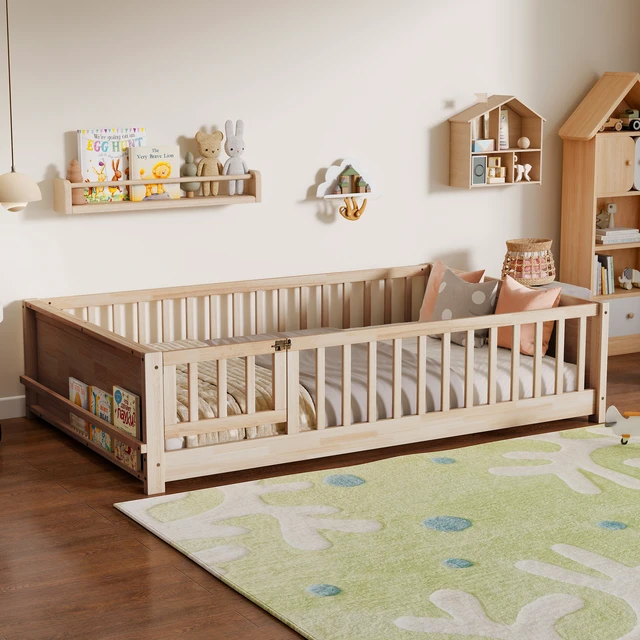 Alt view image 3 of 7 - Full Size Rubber Floor Bed with Guardrails, Built in Book Rack Door, Natural, Rubber Wood, Beds Frames Bases