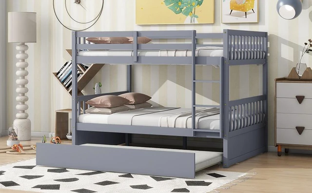 Alt view image 6 of 7 - Full Over Full Rubber Bunk Bed with Trundle, Ladder and Guardrails Convertible Size Beds with Twin Size Trundle Old