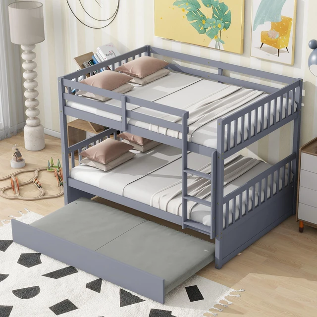 Alt view image 2 of 7 - Full Over Full Rubber Bunk Bed with Trundle, Ladder and Guardrails Convertible Size Beds with Twin Size Trundle Old