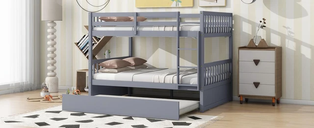 Alt view image 7 of 7 - Full Over Full Rubber Bunk Bed with Trundle, Ladder and Guardrails Convertible Size Beds with Twin Size Trundle Old