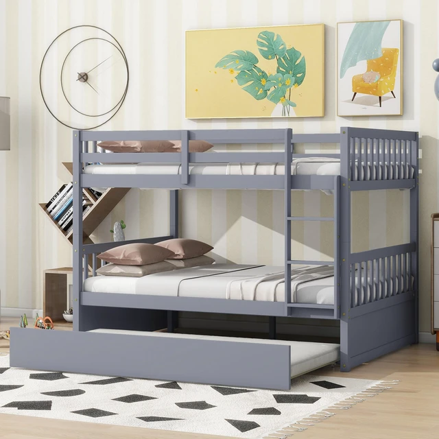 Alt view image 3 of 7 - Full Over Full Rubber Bunk Bed with Trundle, Ladder and Guardrails Convertible Size Beds with Twin Size Trundle Old