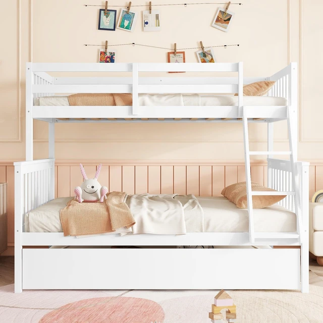 Main image of Twin Over Full Rubber Bunk Bed with Trundle, Convertible Ladder and Guardrail Detachable Convertible Bed with Twin Size