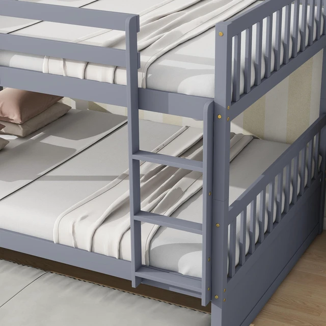 Alt view image 4 of 7 - Full Over Full Rubber Bunk Bed with Trundle, Ladder and Guardrails Convertible Size Beds with Twin Size Trundle Old