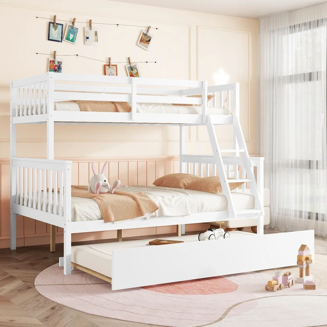 Alt view image 2 of 7 - Twin Over Full Rubber Bunk Bed with Trundle, Convertible Ladder and Guardrail Detachable Convertible Bed with Twin Size