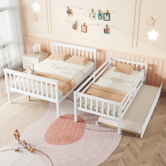 Alt view image 3 of 7 - Twin Over Full Rubber Bunk Bed with Trundle, Convertible Ladder and Guardrail Detachable Convertible Bed with Twin Size