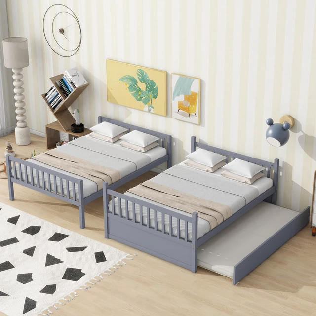 Alt view image 5 of 7 - Full Over Full Rubber Bunk Bed with Trundle, Ladder and Guardrails Convertible Size Beds with Twin Size Trundle Old