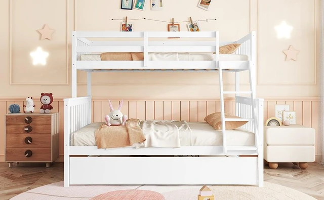 Alt view image 7 of 7 - Twin Over Full Rubber Bunk Bed with Trundle, Convertible Ladder and Guardrail Detachable Convertible Bed with Twin Size