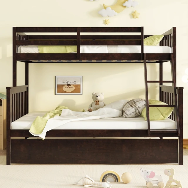 Main image of Twin Over Full Rubber Bunk Bed with Trundle, Convertible Ladder and Guardrail Detachable Convertible Bed with Twin Size