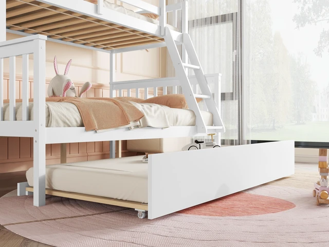 Alt view image 5 of 7 - Twin Over Full Rubber Bunk Bed with Trundle, Convertible Ladder and Guardrail Detachable Convertible Bed with Twin Size
