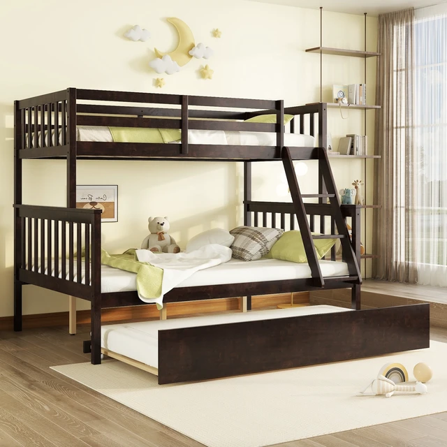 Alt view image 3 of 7 - Twin Over Full Rubber Bunk Bed with Trundle, Convertible Ladder and Guardrail Detachable Convertible Bed with Twin Size