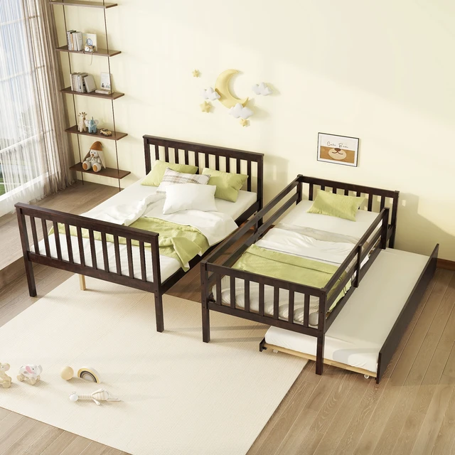 Alt view image 2 of 7 - Twin Over Full Rubber Bunk Bed with Trundle, Convertible Ladder and Guardrail Detachable Convertible Bed with Twin Size