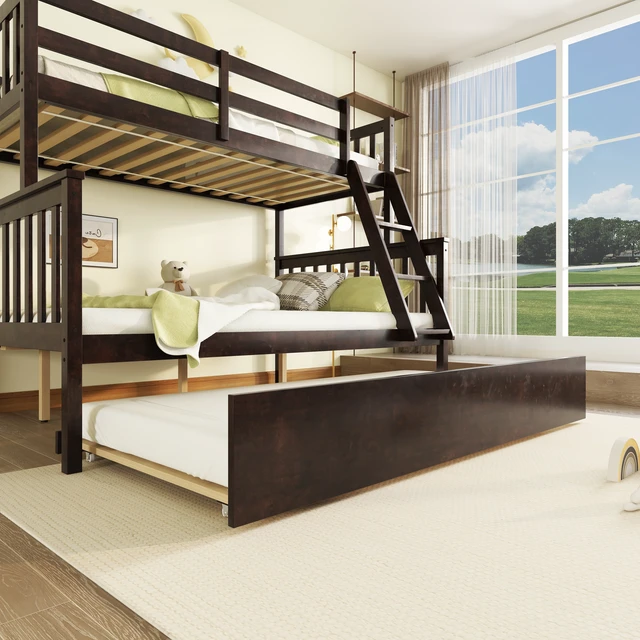 Alt view image 5 of 7 - Twin Over Full Rubber Bunk Bed with Trundle, Convertible Ladder and Guardrail Detachable Convertible Bed with Twin Size