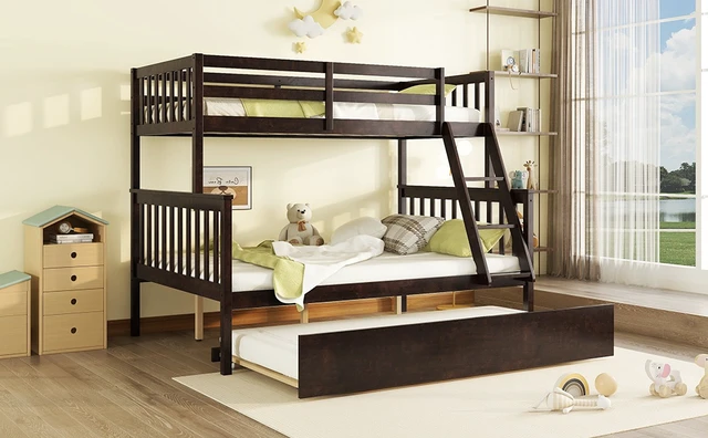 Alt view image 6 of 7 - Twin Over Full Rubber Bunk Bed with Trundle, Convertible Ladder and Guardrail Detachable Convertible Bed with Twin Size