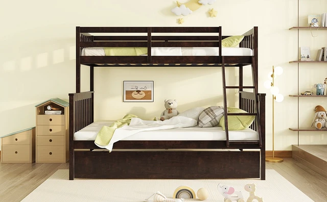 Alt view image 7 of 7 - Twin Over Full Rubber Bunk Bed with Trundle, Convertible Ladder and Guardrail Detachable Convertible Bed with Twin Size