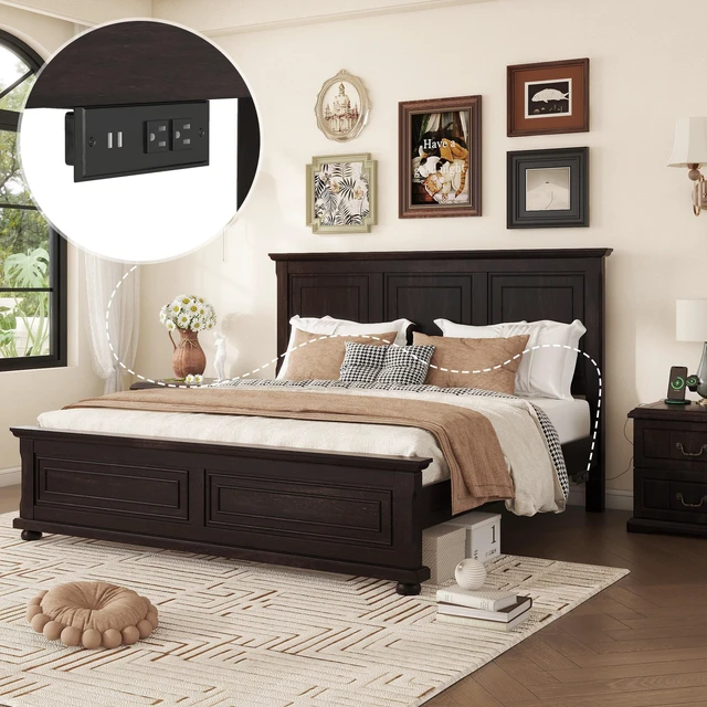 Alt view image 2 of 7 - King Size Bed with Tall Headboard, Footboard USB Charging Station Pinewood Bed with Strengthened Frame Rich, Brown