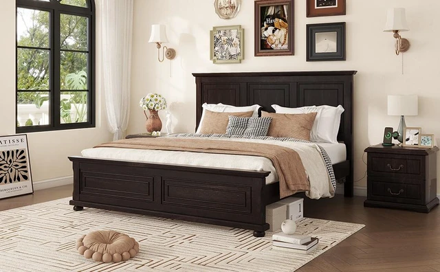 Alt view image 3 of 7 - King Size Bed with Tall Headboard, Footboard USB Charging Station Pinewood Bed with Strengthened Frame Rich, Brown