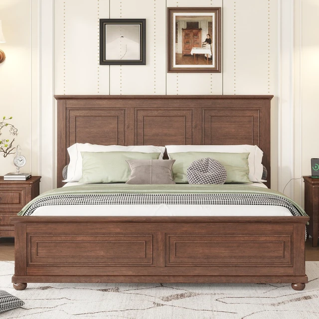 Main image of King Size Bed with Tall Headboard, Footboard USB Charging Station Pinewood Bed with Strengthened Frame, Walnut, Pine