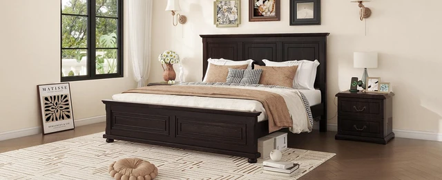 Alt view image 4 of 7 - King Size Bed with Tall Headboard, Footboard USB Charging Station Pinewood Bed with Strengthened Frame Rich, Brown