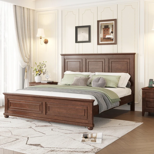 Alt view image 2 of 7 - King Size Bed with Tall Headboard, Footboard USB Charging Station Pinewood Bed with Strengthened Frame, Walnut, Pine