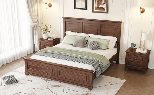 Alt view image 4 of 7 - King Size Bed with Tall Headboard, Footboard USB Charging Station Pinewood Bed with Strengthened Frame, Walnut, Pine