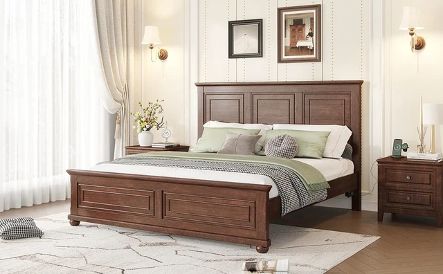 Alt view image 6 of 7 - King Size Bed with Tall Headboard, Footboard USB Charging Station Pinewood Bed with Strengthened Frame, Walnut, Pine