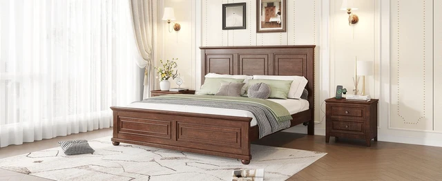 Alt view image 7 of 7 - King Size Bed with Tall Headboard, Footboard USB Charging Station Pinewood Bed with Strengthened Frame, Walnut, Pine