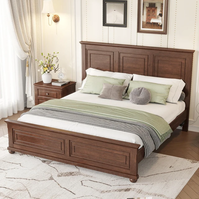 Alt view image 3 of 7 - King Size Bed with Tall Headboard, Footboard USB Charging Station Pinewood Bed with Strengthened Frame, Walnut, Pine