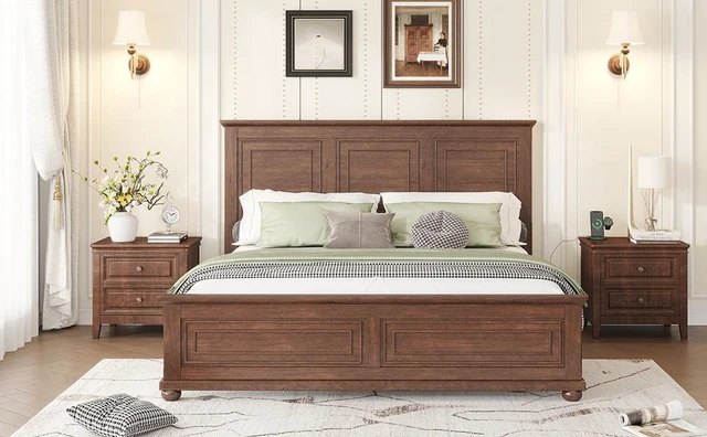 Alt view image 5 of 7 - King Size Bed with Tall Headboard, Footboard USB Charging Station Pinewood Bed with Strengthened Frame, Walnut, Pine