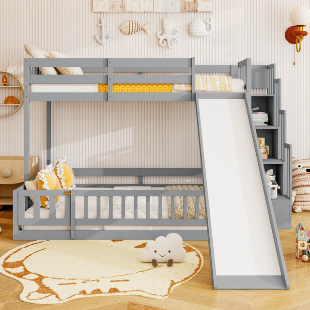 Main image of Twin Over Full Bunk Bed with Slide, Storage Staircase Solid Wooden Bunk Bed with Safety Guardrails Old SKU, Grey, Pine