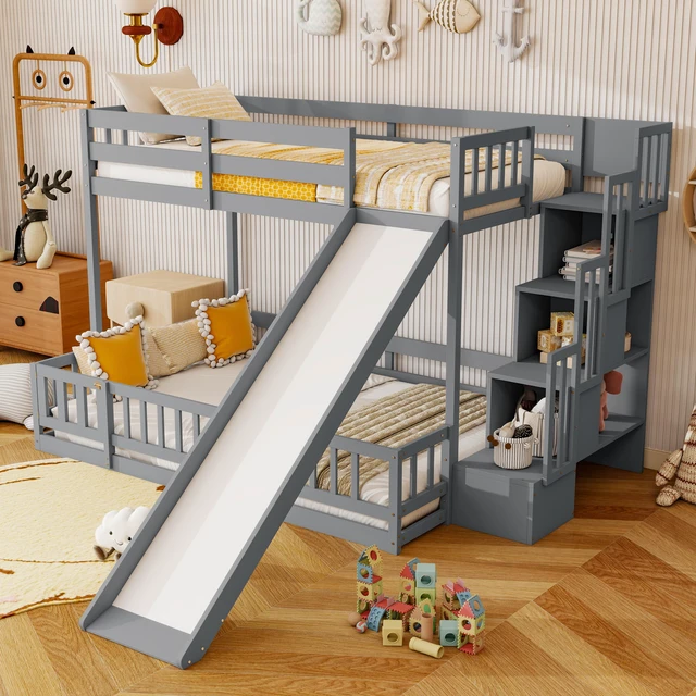 Alt view image 3 of 7 - Twin Over Full Bunk Bed with Slide, Storage Staircase Solid Wooden Bunk Bed with Safety Guardrails Old SKU, Grey, Pine