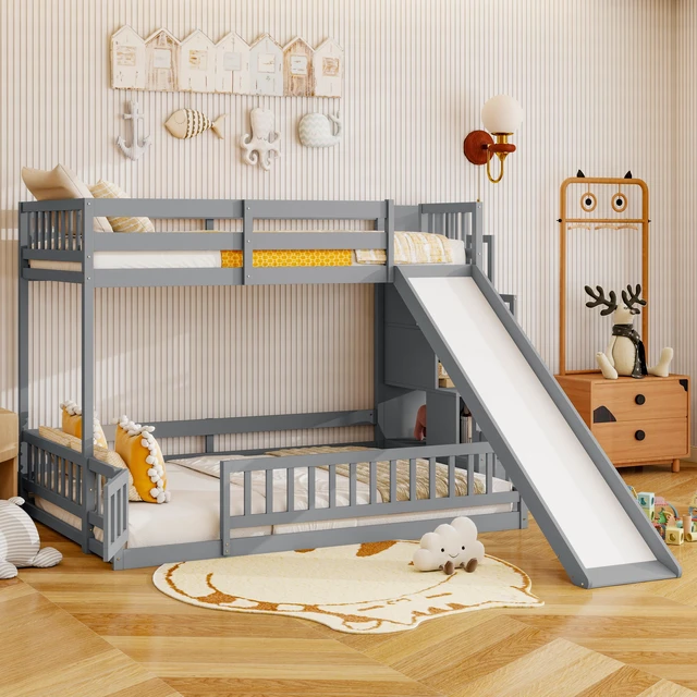 Alt view image 2 of 7 - Twin Over Full Bunk Bed with Slide, Storage Staircase Solid Wooden Bunk Bed with Safety Guardrails Old SKU, Grey, Pine
