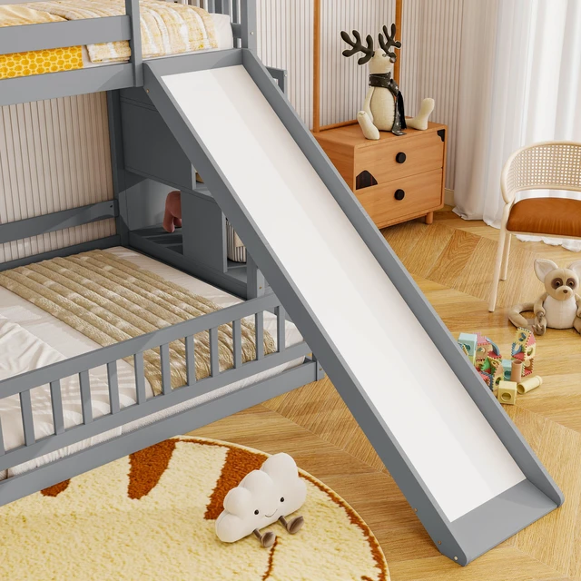 Alt view image 4 of 7 - Twin Over Full Bunk Bed with Slide, Storage Staircase Solid Wooden Bunk Bed with Safety Guardrails Old SKU, Grey, Pine