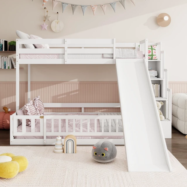 Main image of Twin Over Full Bunk Bed with Slide, Storage Staircase Solid Wooden Bunk Bed with Safety Guardrails Old SKU, White