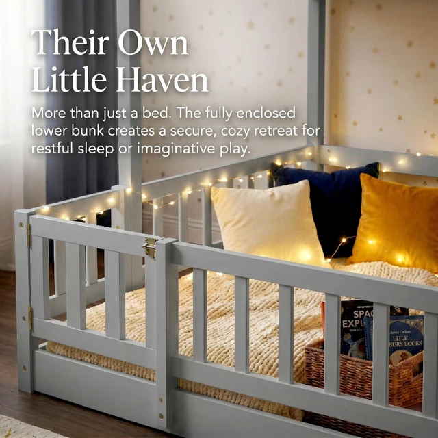Alt view image 6 of 7 - Twin Over Full Bunk Bed with Slide, Storage Staircase Solid Wooden Bunk Bed with Safety Guardrails Old SKU, Grey, Pine