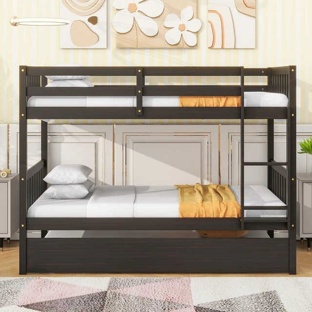 Main image of Twin Over Twin Rubber Bunk Bed with Trundle, Convertible Into Size Beds Size Bunk Bed with Ladder and Safety Guardrails