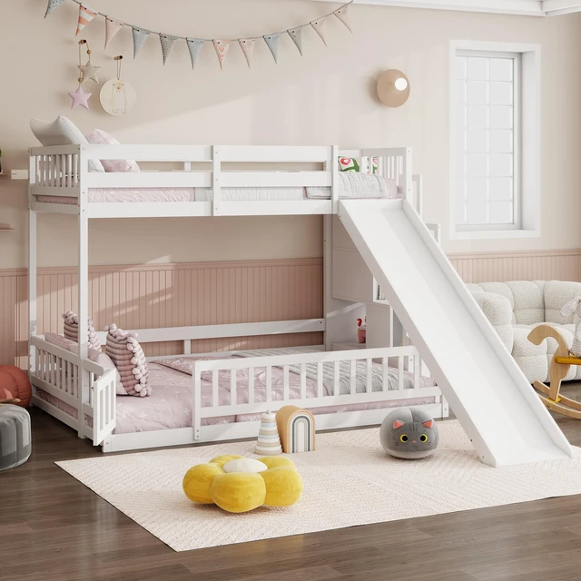 Alt view image 2 of 7 - Twin Over Full Bunk Bed with Slide, Storage Staircase Solid Wooden Bunk Bed with Safety Guardrails Old SKU, White