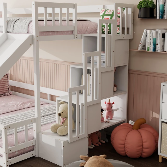 Alt view image 6 of 7 - Twin Over Full Bunk Bed with Slide, Storage Staircase Solid Wooden Bunk Bed with Safety Guardrails Old SKU, White