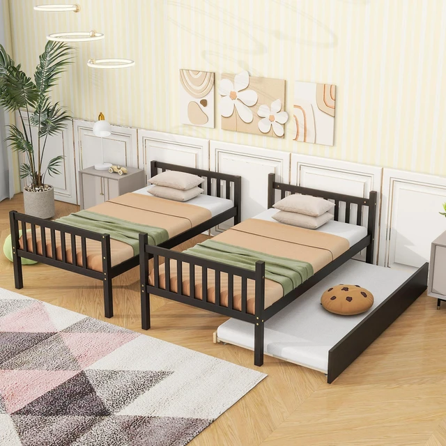 Alt view image 3 of 7 - Twin Over Twin Rubber Bunk Bed with Trundle, Convertible Into Size Beds Size Bunk Bed with Ladder and Safety Guardrails