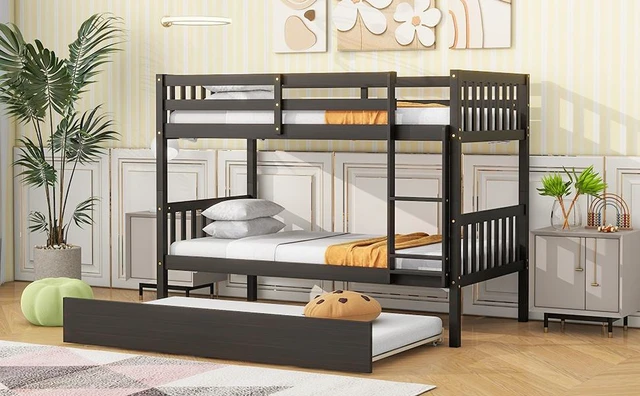 Alt view image 6 of 7 - Twin Over Twin Rubber Bunk Bed with Trundle, Convertible Into Size Beds Size Bunk Bed with Ladder and Safety Guardrails