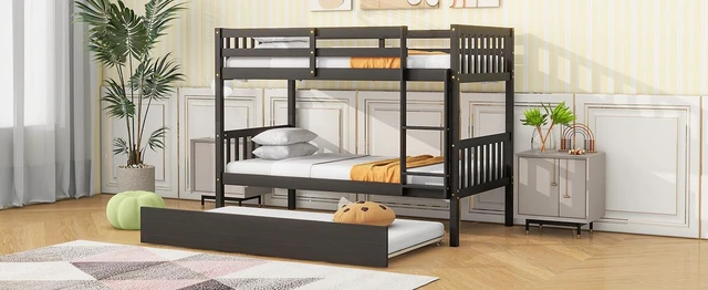 Alt view image 7 of 7 - Twin Over Twin Rubber Bunk Bed with Trundle, Convertible Into Size Beds Size Bunk Bed with Ladder and Safety Guardrails