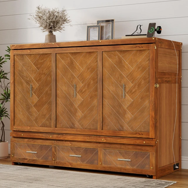Alt view image 2 of 7 - Queen Size Murphy Bed, Wood Cabinet Bed with Built in USB Charging Station and Geometrical Decoration Panel, Walnut